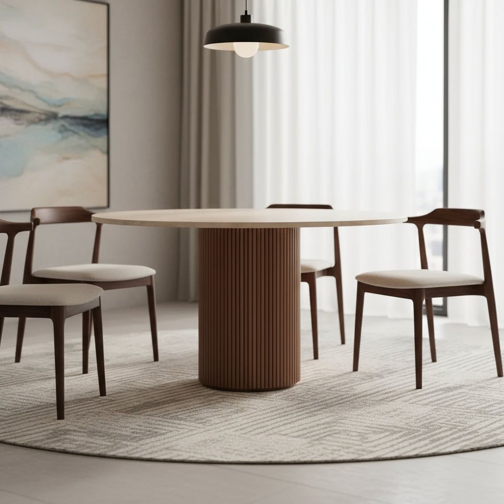 Table À Manger Ronde En Travertin Pied Bois
