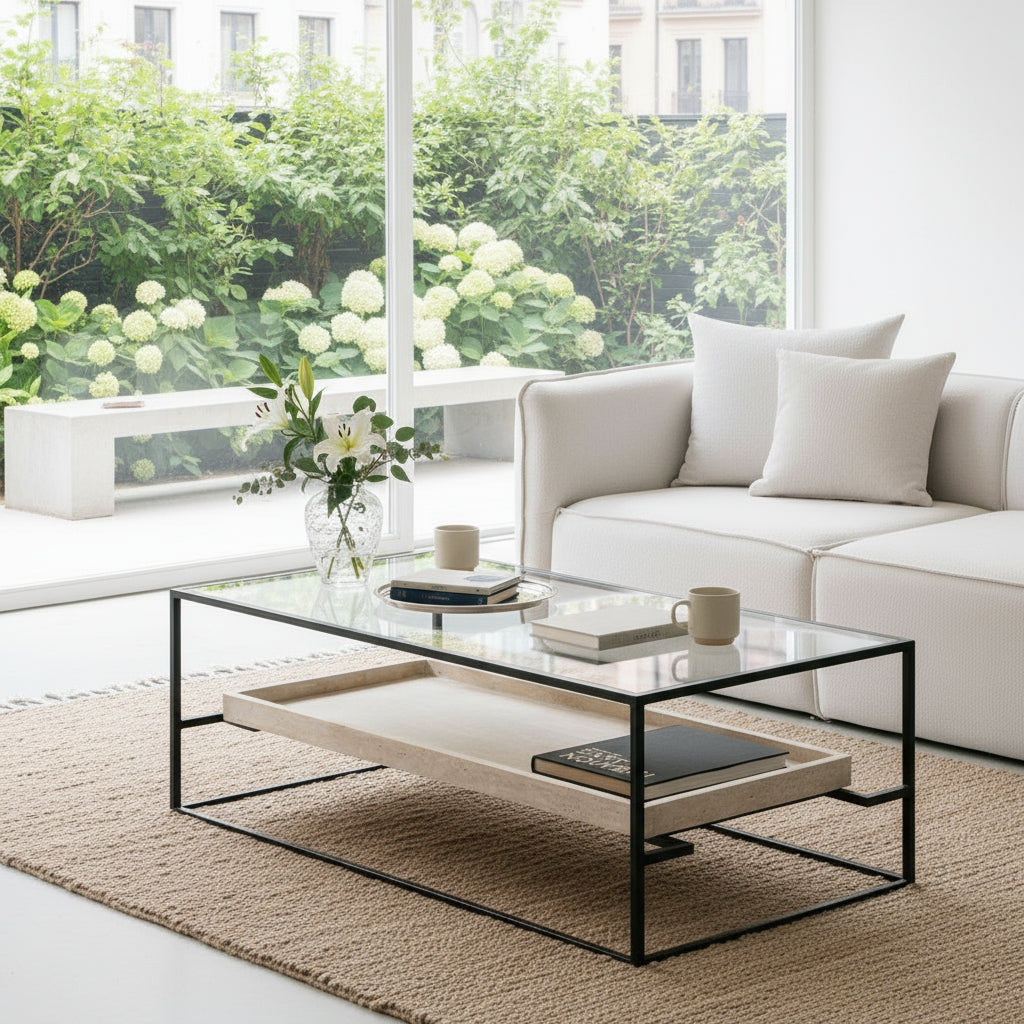 Table Basse En Travertin Et Verre