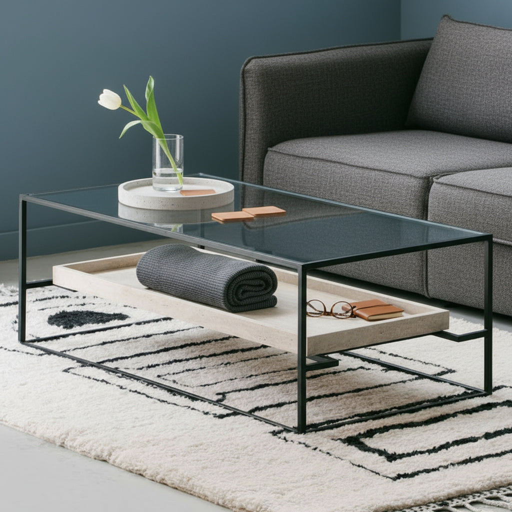 Table Basse En Travertin Et Verre