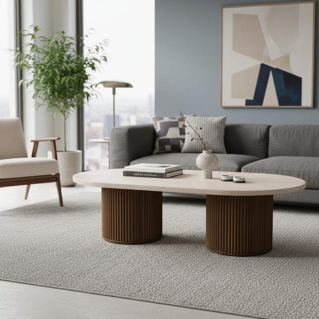 Table Basse Ovale En Travertin Pied Bois